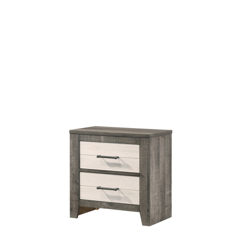 Table de chevet 1pc, finition bicolore, commode, rangement de chevet, deux tiroirs, poignée en métal, gris, beige