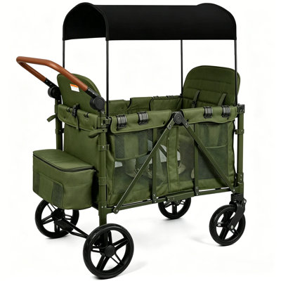 3 in 1 Foldable Double Wagon Stroller With Conopy – 200lb Capacity,Green