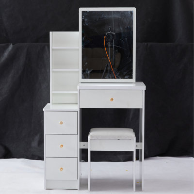 29.2" Small Space Left Bedside Cabinet Vanity Table + Cushioned Stool, Extra Large Right Sliding Mirror, Multi Layer High Capacity Storage, Practical Fashionable Dresser, Suitable For Small Space
