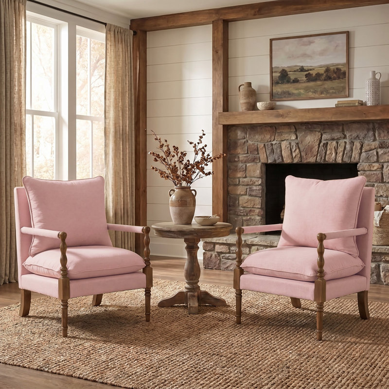 Chenille Accent Chair, Spindle Accent Chair with Covered Armrests, Farmhouse Accent Chair with Turned Wood（set of 2）