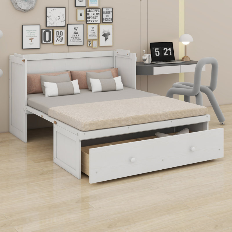 Lit escamotable avec port USB et grand tiroir, Lit double, blanc