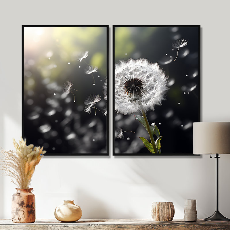 White White Dandelion Whispers III - ensemble de 2 décorations murales traditionnelles, Black, 36" H x 48" W