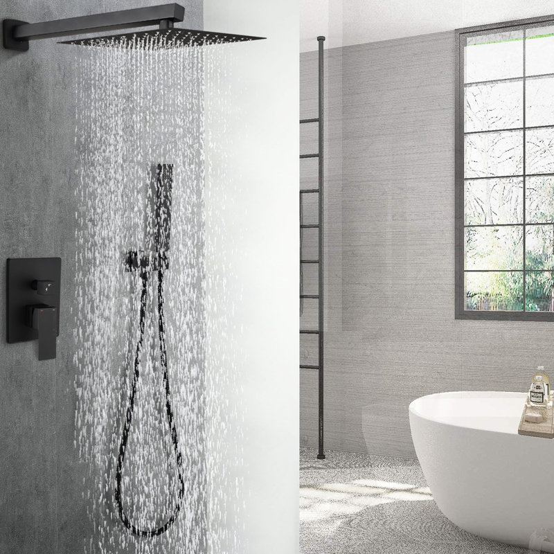 Wall Mounted 12 - Inch Matte Black Brass Shower System With Adjustable Head, Single Lever, And Construction Combination Lever Handle, Water Flow, Modern Design