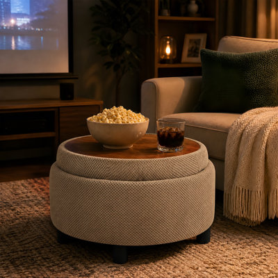 25" Round Storage Ottoman with Reversible Wood Tray Top, Beige Fabric Tufted Footrest and Coffee Table, Hidden Storage for Blankets & Pillows, Sturdy Side Table for Living Room & Small Spaces