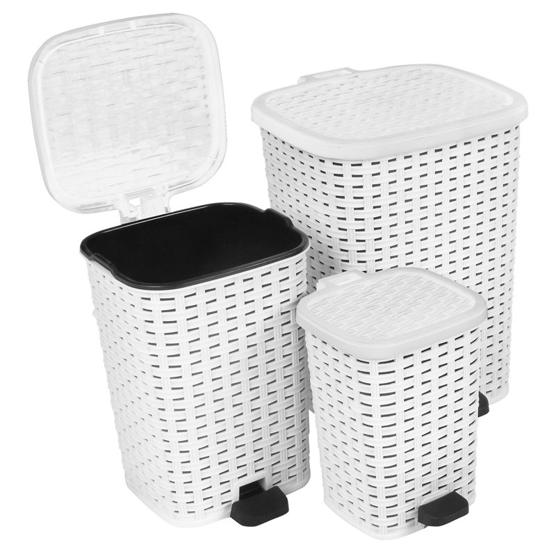 White Wicker Style Plastic Step-On Trash Can