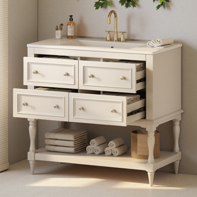 Ensemble de meuble-lavabo 36 po avec ensemble de meuble-lavabo, lavabo en céramique encastré, ensemble de meuble-lavabo autoportant avec 4 tiroirs, armoire de salle de bain avec cadre en bois massif, beige