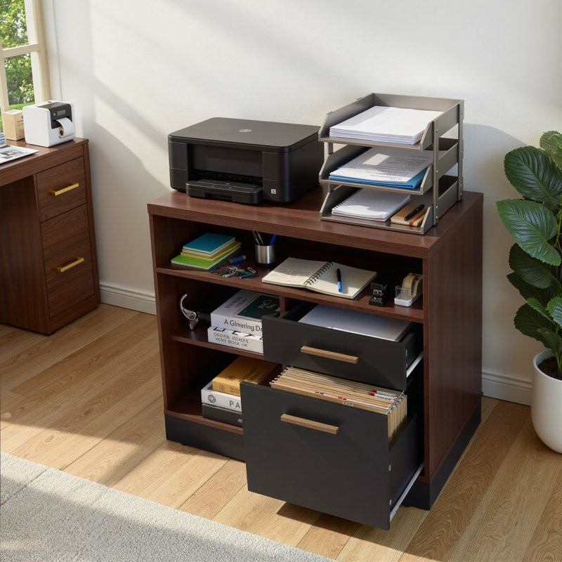 Adonia 31.5"W 2 Drawer Wood File Cabinet With Lock, Power Strip, Storage Shelves For Home Office, Black Walnut