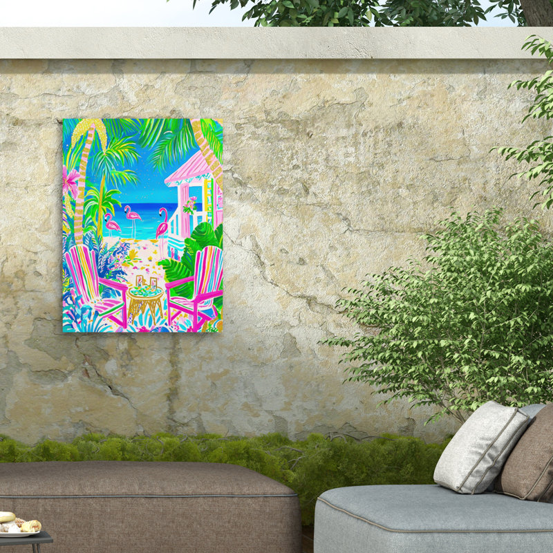 «Jess Stempel Flamingo», aquarelle tropicale 2, toile d'extérieur, H 35 po x l 47 po
