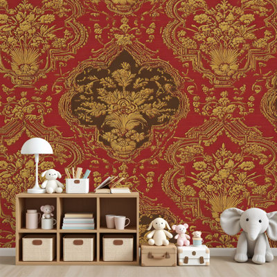 Papier peint adhésif rétro orné de damas rétro or rouge 69 po x l 96 po, papier peint amovible en PVC pour chambre à coucher, bureau à domicile