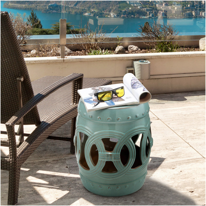 Outsunny 14" X 17" Ceramic Garden Stool With Double-Coin Knotted Ring Design & Strong Glazed Material, Decorative End Table, Home Collection, Antique Blue