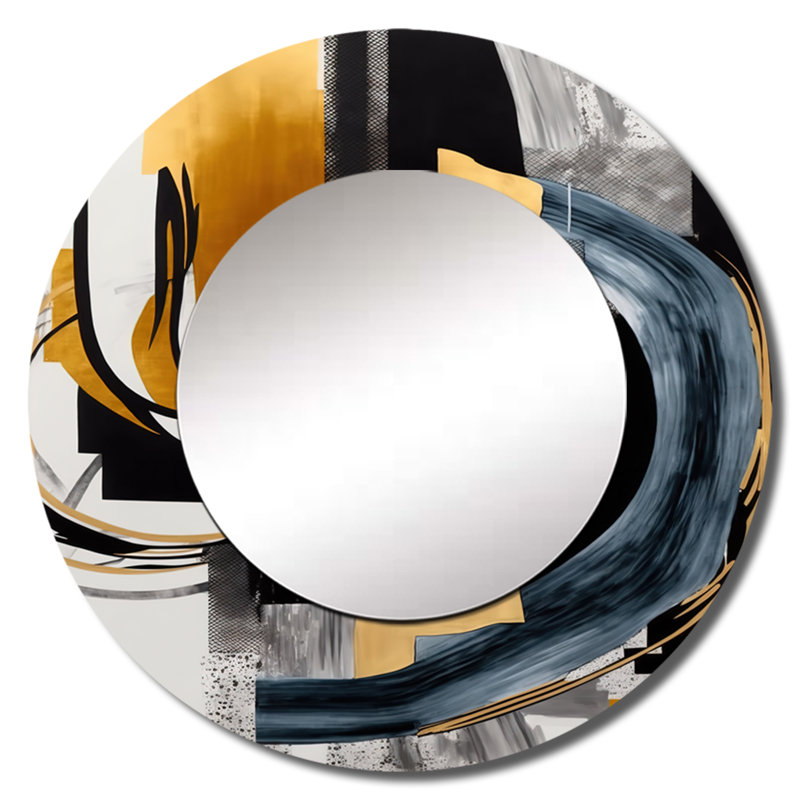 Shataka Glam doré et noir Expression II - miroir unique spirales abstraites, grand miroir mural rond moderne, art imprimé en métal