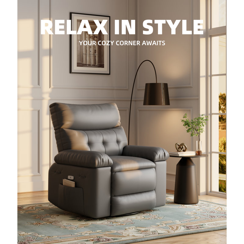 Massage Recliner Chair, 26.8" Wide Oversized Swivel with Heat Vibration & Cup Holders, Black, Gray Polyester Blend