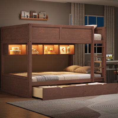 Full XL over Full XL Bunk Bed with Storage Cabinets, LED Light & 2 Drawers, Space-Saving Loft Bed, Brown