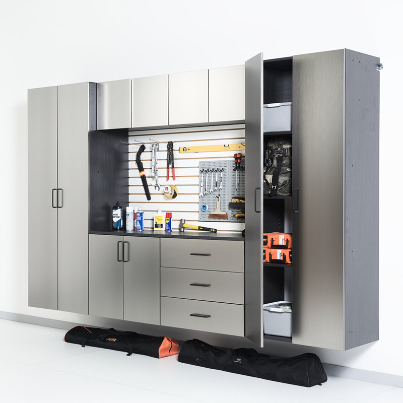32 po L x P 79 H 20 P Armoire de rangement murale contemporaine, couleur gris métallique, tiroirs, résistance à l'eau et à la chaleur, bande de chant à double épaisseur, qualité E0, tablette à mesure, support robuste
