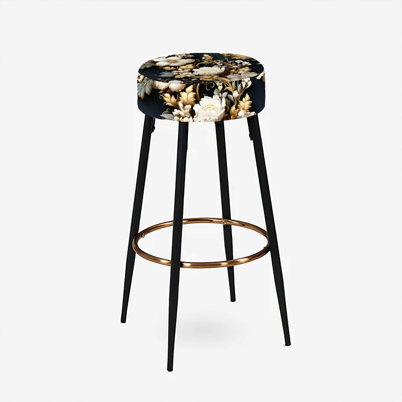 Elodea - Ensemble de 2 tabourets de bar à imprimé, Motif floral victorien noir et blanc doré