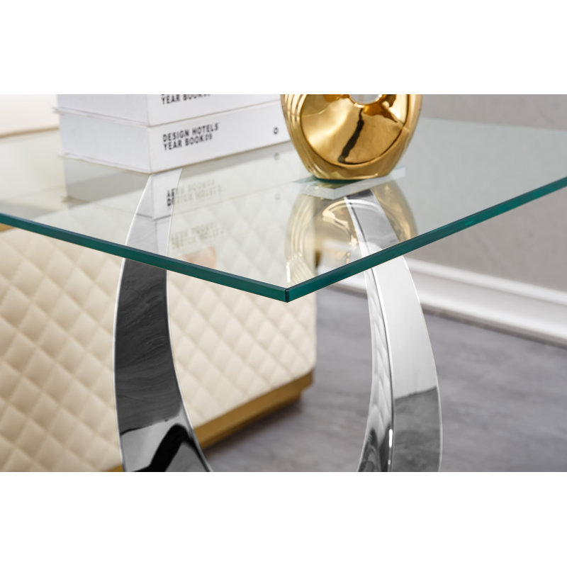 Luxury Square End Table, 22.8" Sofa Side Table with Moon-Shape Stainless Steel Frame and Clear Glass Top, Cocktail Tea Table, Modern Glass End Table for Home Office