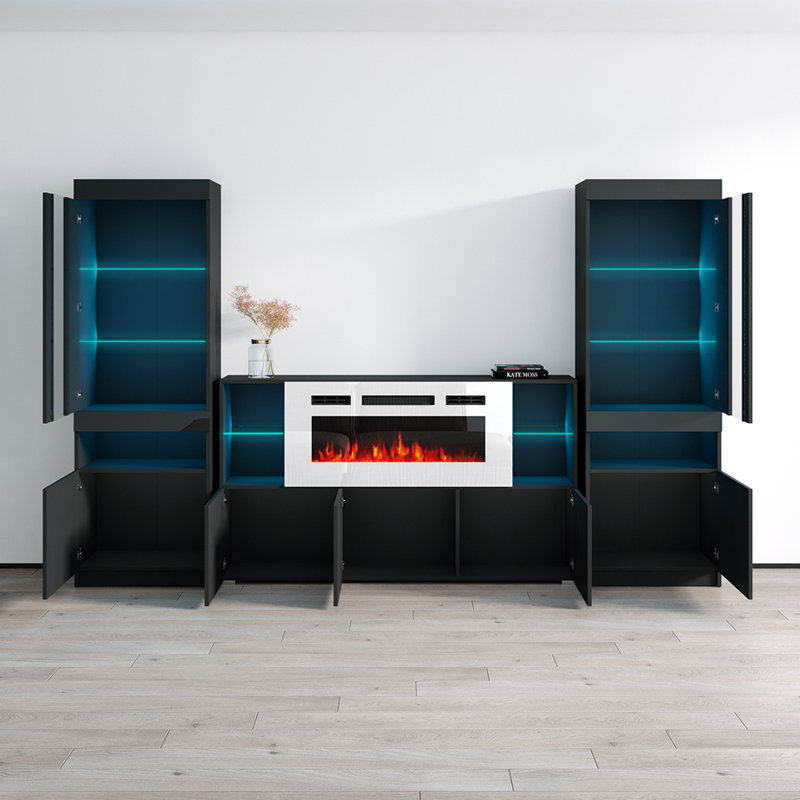 Camberlynn 110.2" Modern Entertainment Center with Electric Fireplace, High Gloss Finish, Media Storage, Black