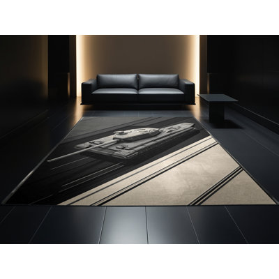 Machine Washable Eldred Main Battle Tank Sleek & Chic Modern Geometric Rug in Gray – Black Binding