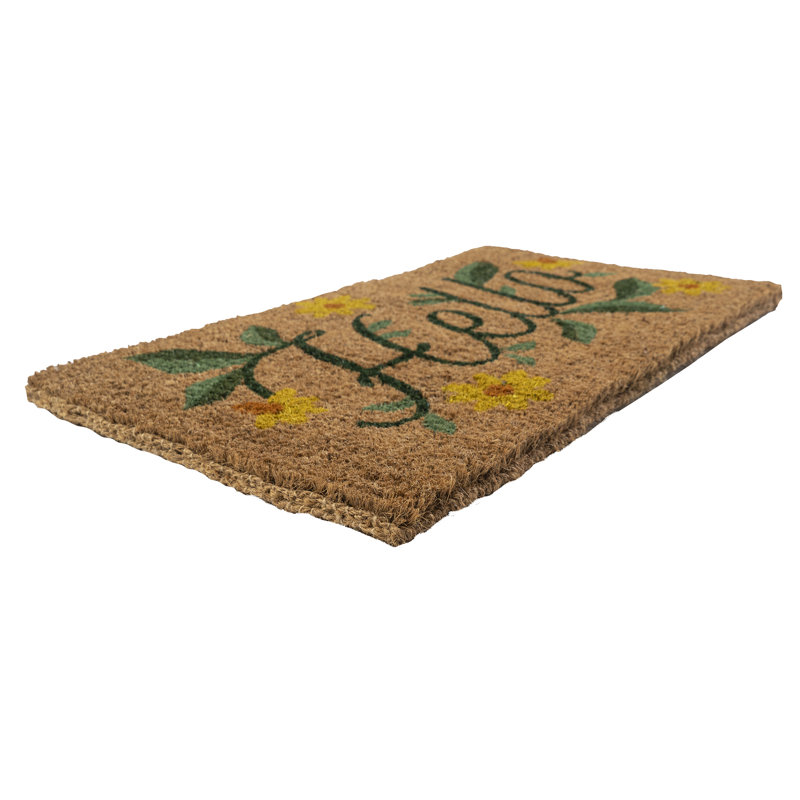 Handwoven Natural Coir Outdoor Doormat with Floral Design
