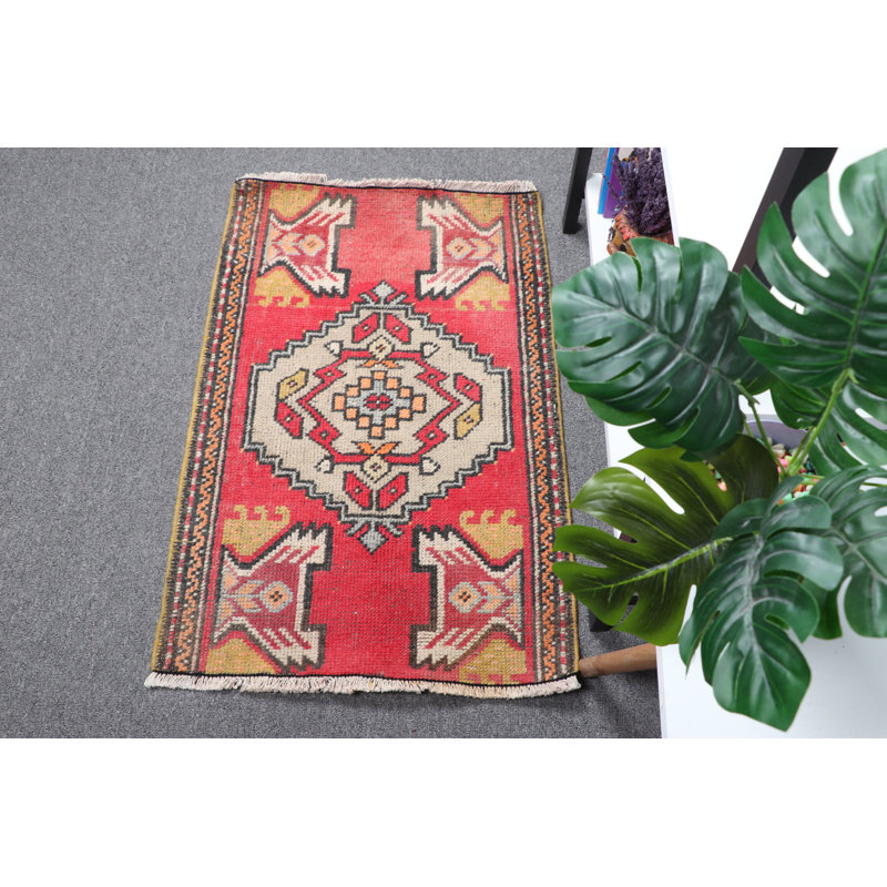 Small Vintage Turkish Mat Perfect For Door Entry Or As A Delightful Gift For The Home In A Vibrant Red