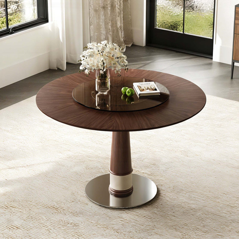 Table de salle à manger ronde en bois massif avec plateau tournant en verre trempé de 23 pouces