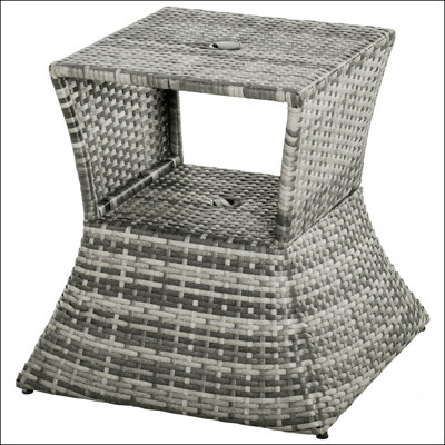 Durable Outsunny Rattan Wicker Side Table With Umbrella Hole And 2-Tier Storage For All-Weather Outdoor Use, Mixed Grey
