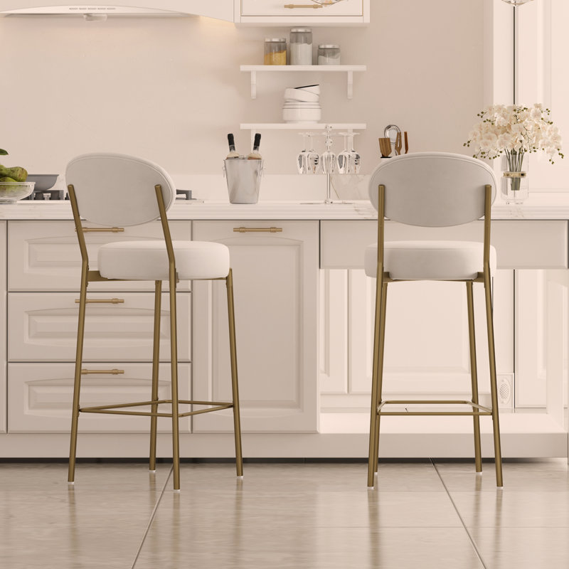 Upholstered Bar Stools Velvet Counter Stool with Backrest & Footrest Set of 2 Round Dining Chairs for Kitchen, Off White