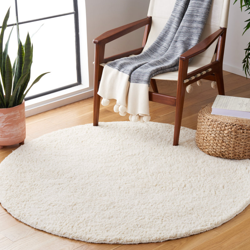 Tapis uni en laine tissé à la main de couleur ivoire, Rond 6 pi