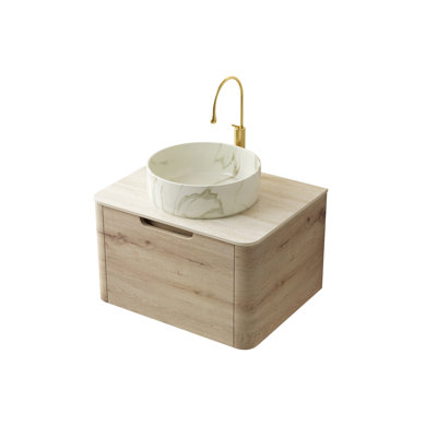 Meuble-lavabo de salle de bain 24 po avec lavabo, rangement flottant en contreplaqué, lavabo en céramique blanche à motif de pierre, plateau fritté à motif, pré-assemblé, chêne, armoire de rangement facile à assembler, lavabo à motif romain