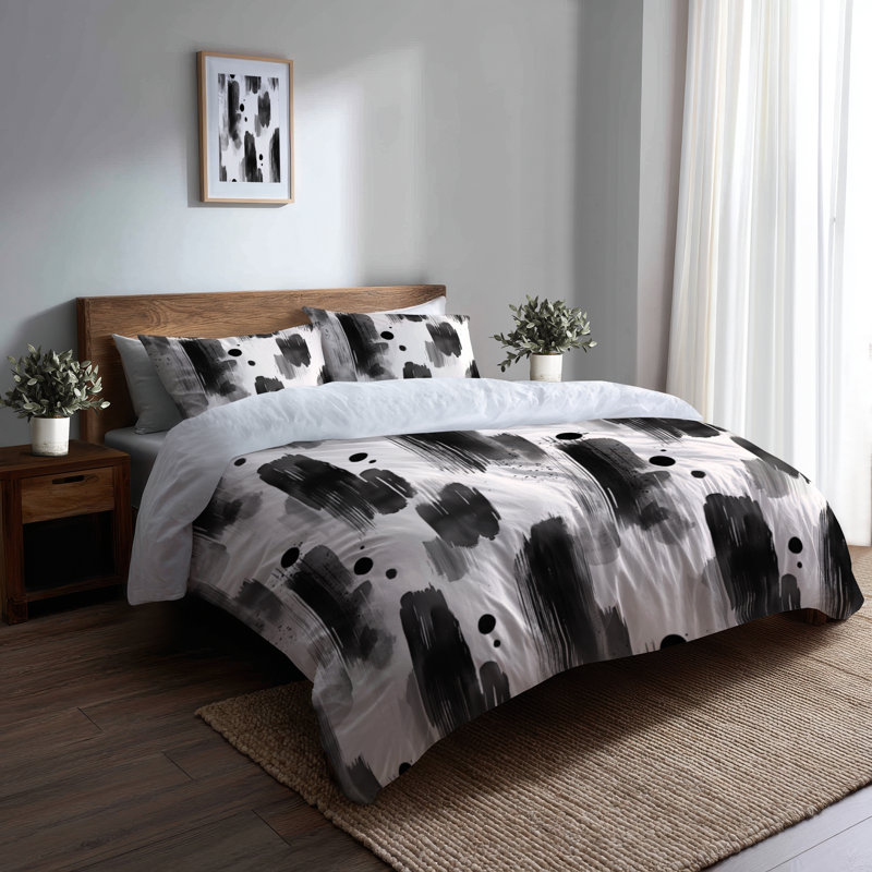 Ensemble de literie 3 pièces Modern - Ensemble de housse de couette et coussin décoratif abstrait noir minimaliste