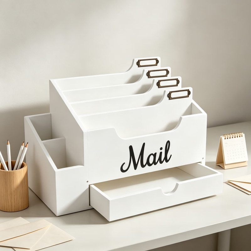 Organisateur de courrier en bois avec six compartiments et un tiroir