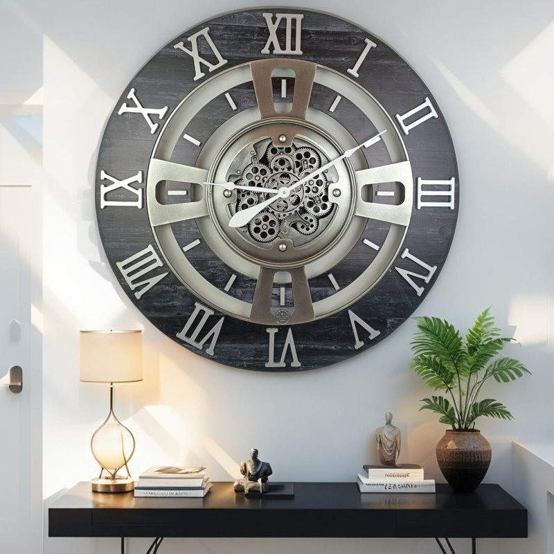 Wall Clock 24" Oversized for Living Room decor with Real Moving Gears England Collection, Vintage Black