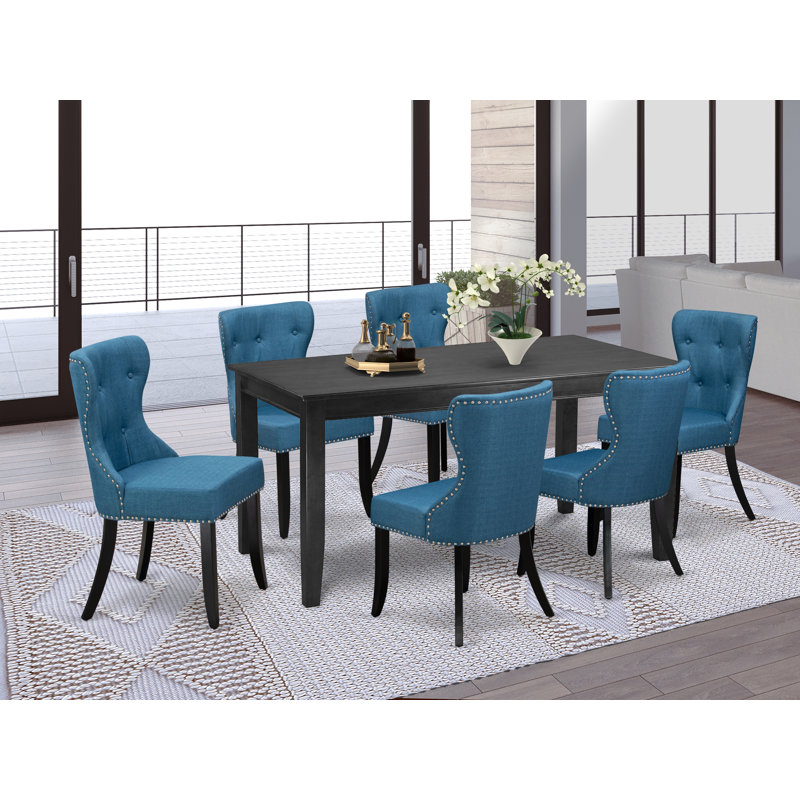 7 Piece Dining Table Set Consist of a Rectangle Kitchen Table and 6 Blue Linen Fabric Parsons Dining Chairs, Black, Black, 7