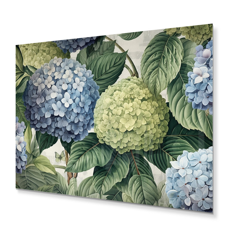 Hortensia rose, vert, fleurs, ciel I - hydrangées, impressions murales en métal, H 16 po x l 32 po x P 1 po