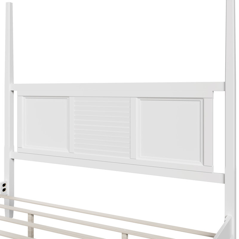 Lit à baldaquin traditionnel en bois massif avec grille horizontale, Blanc, Très grand lit