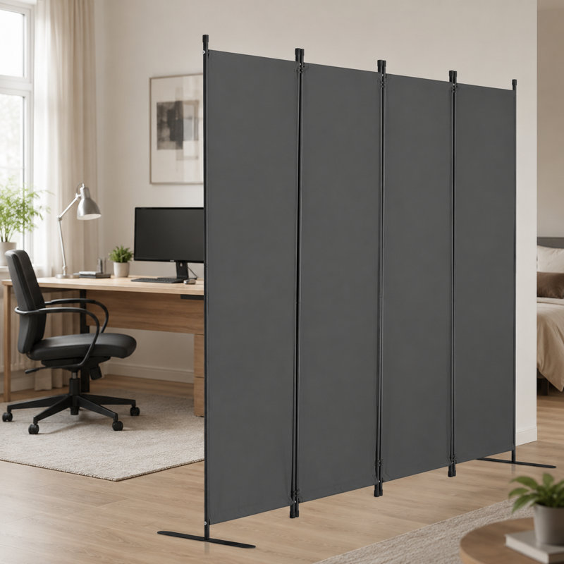 Paravent en tissu gris de 89,85 pouces de long à quatre plis, placé indépendamment, avec des cloisons de blocage universelles pour les chambres à coucher, les salles à manger et les bureaux