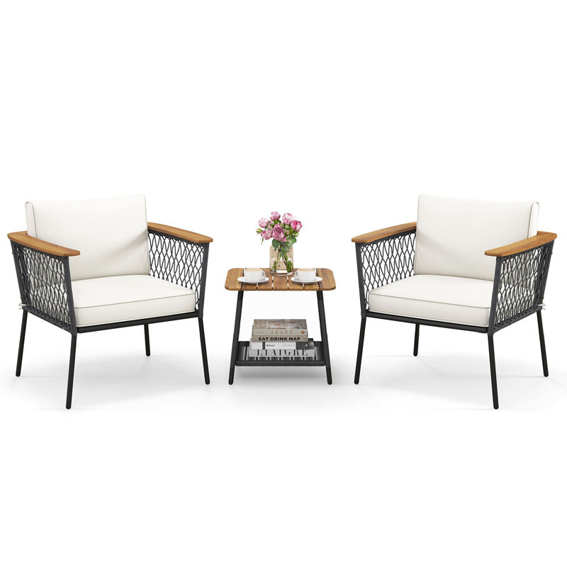 3 Piece Patio Furniture Set Rattan Chair Set W/ 2-Tier Coffee Table-White