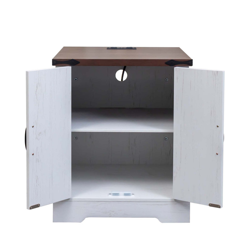 Table de bout Farmhouse avec station de charge, table de chevet en bois rustique avec tablette réglable, Noyer foncé / blanc