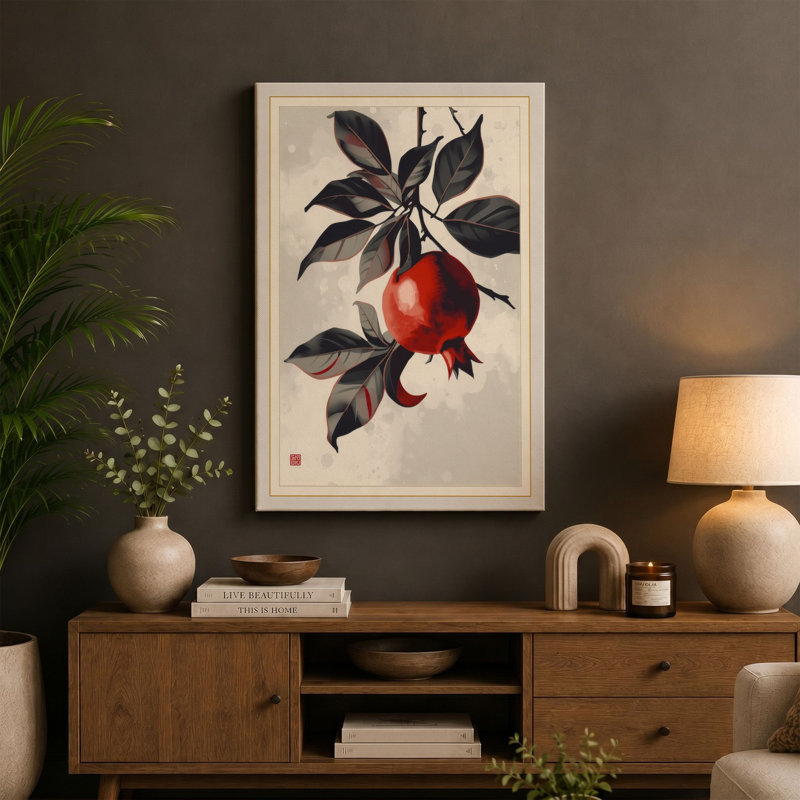 Pomegranate Branch Japandi - Wrapped Canvas, 36x24 - 91.4 x 61.0 cm, Ochre Border
