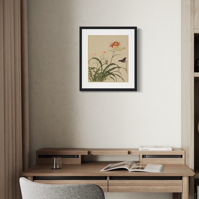 Daylilies and Butterflies by Yu Zhi - Single Picture Frame Print on Paper, 17.5" H x 13.5" W