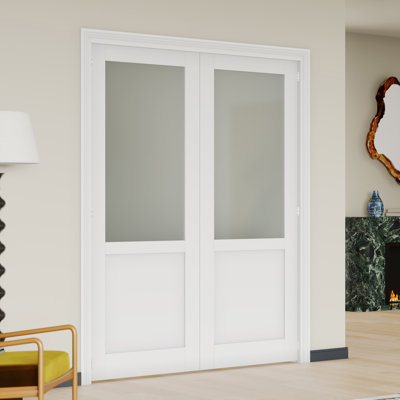 Prehung Door Double Interior Door MDF Frosted Glass Over Solid Panel Pantry Door With Adjustable Jamb & Hardware(Assembly Required)