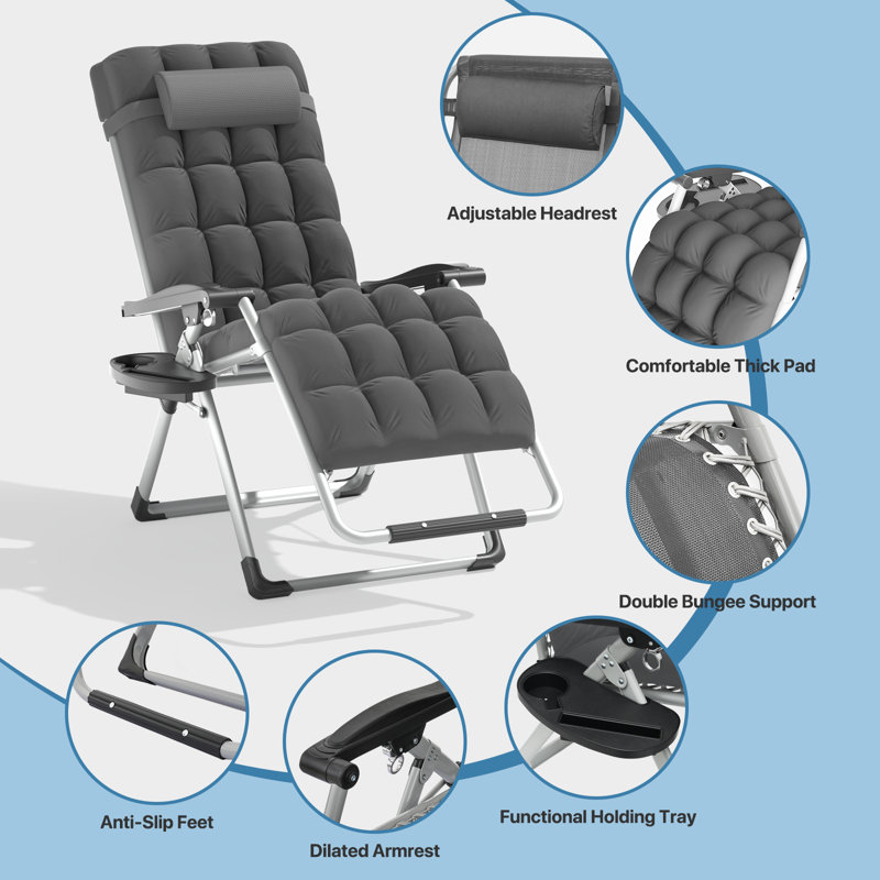 Outdoor Zero Gravity Reclining Chair Foldable Recliner Lounge Chair with Soft Cushion and Cup Holder, Gray