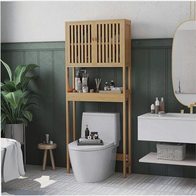 Armoire de rangement en bambou au-dessus de la toilette, organisateur de salle de bain au-dessus de la toilette avec portes à lattes, tablette réglable et tablette ouverte HOMcom, naturel