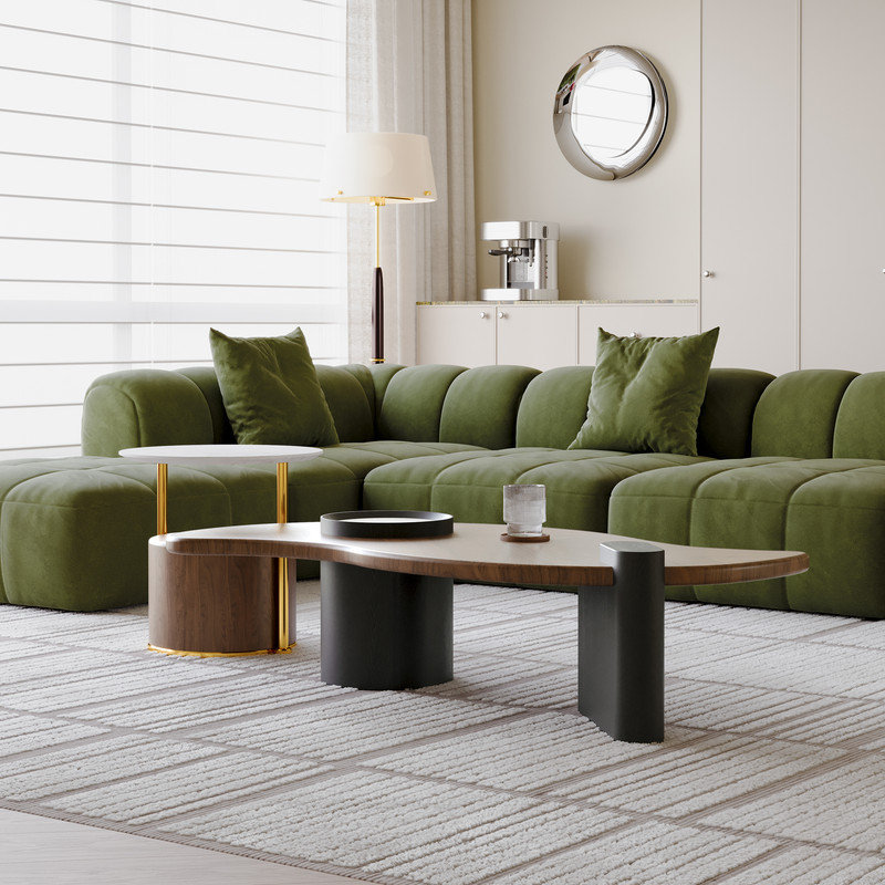 Walnut Coffee Table Set with Freeform Tabletop & White Stone Accent, Round Side Table with Gold Frame