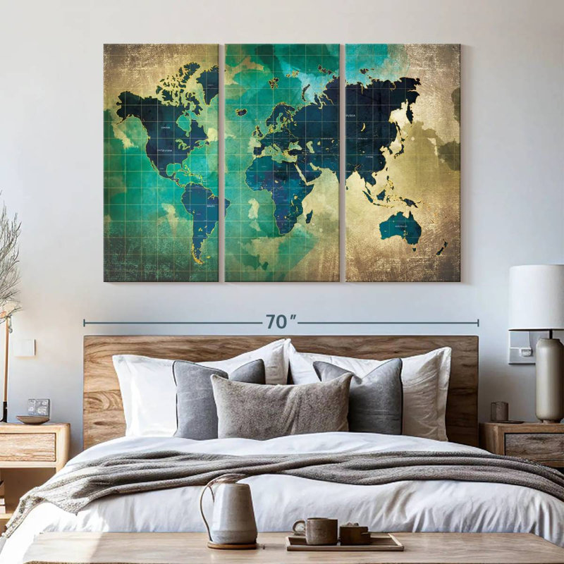 «World Map Aged World Map XXXVII», reproduction sur toile 3 pièces par Tess P, H 42 po x l 65 po x P 1,25 po