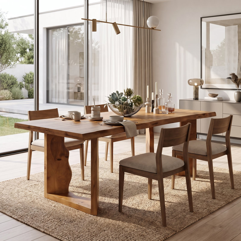 Table de salle à manger en bois massif à rebords naturels et pieds sculpturaux, style rustique moderne, Brown
