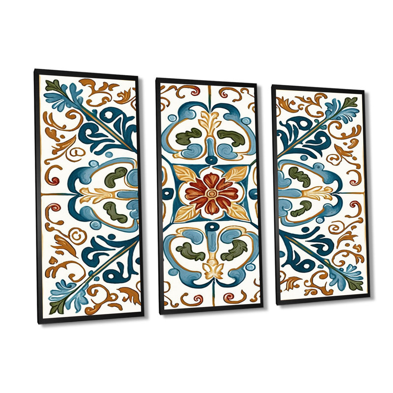 «Méditerranée Tiles in Retro Blue VI», reproduction sur toile 3 pièces, Toile encadrée noire, H 28 po x l 36 po x P 1 po