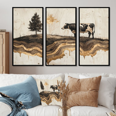 Paysage de ferme d'hiver avec vache dans le champ - Art mural sur toile de ferme - 3 panneaux