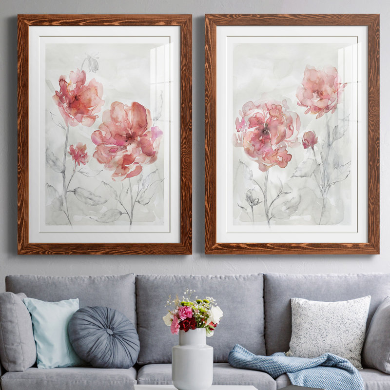 «Blush Botanical I», ensemble de 2 reproductions d'art, Blanc, H 44 po x l 31 po x P 1 po, Papier avec cadre érable