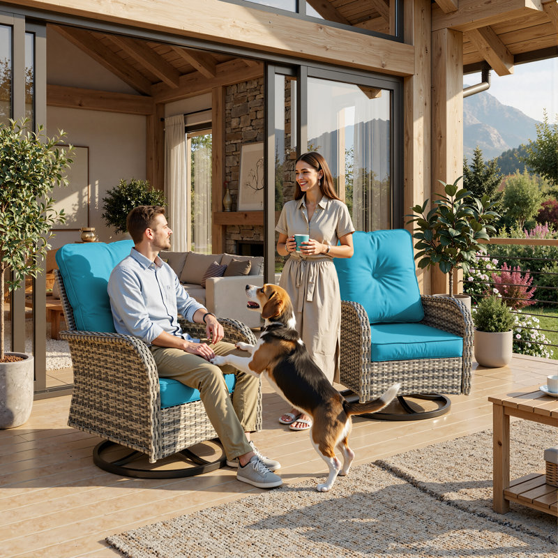 All-Weather Rattan Rocking Swivel Patio Chairs With Cushions, Turquoise Blue